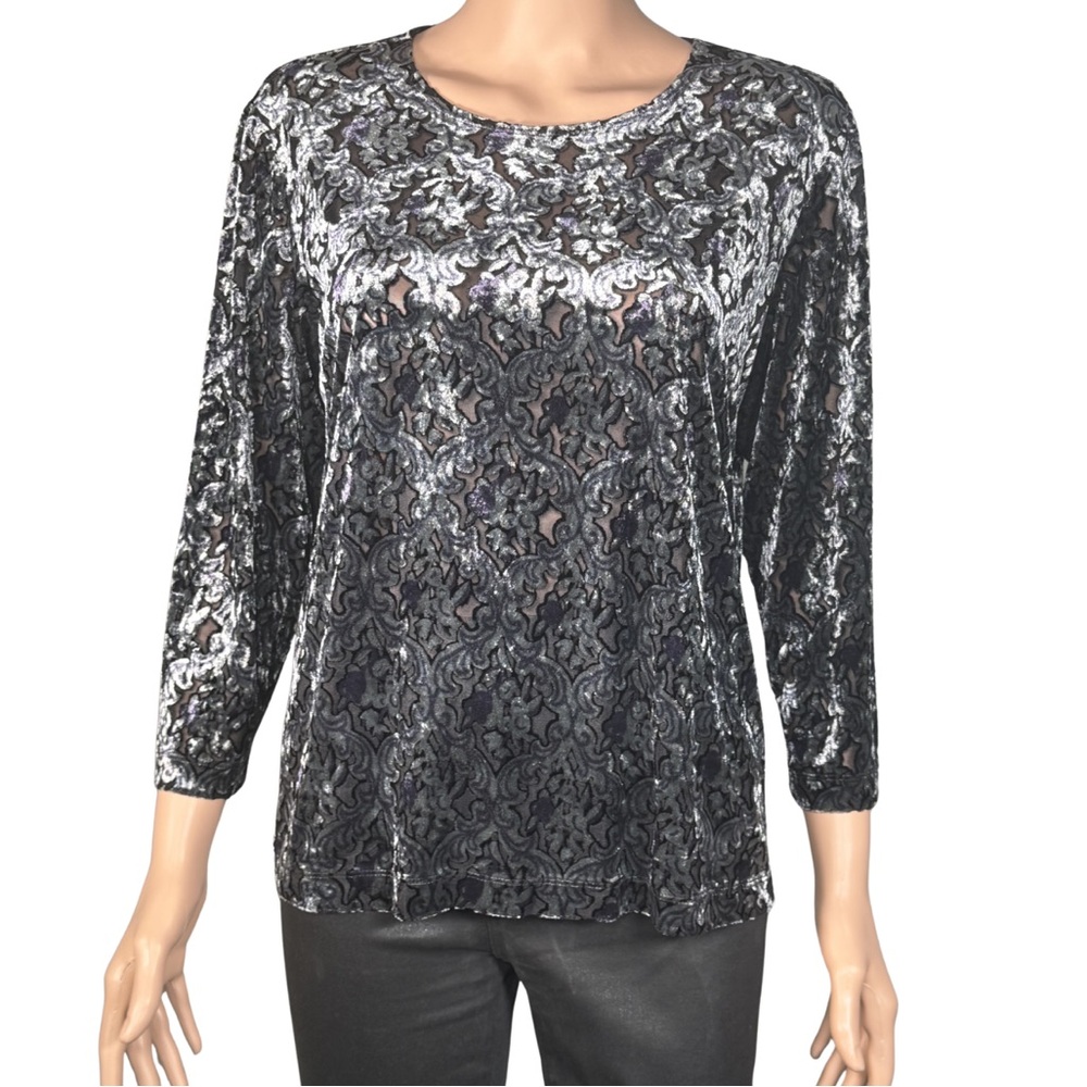 VINTAGE Laura Ashley Black Crushed Velvet Damask Pattern Whimsy Goth Top M